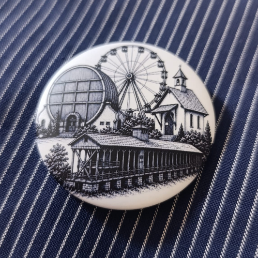 Wurstmarkt Button 50 mm in Petrol mit Riesenrad, Dürkheimer Riesenfass, Michaeliskapelle und Saline