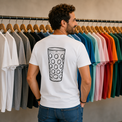 Herren T-Shirt mit Dubbeglas Motiv auf dem Rücken. Hochwertiger Druck mit Pfalz-Bezug auf einem bequem geschnittenen Shirt von Dubbe ohne Ende.