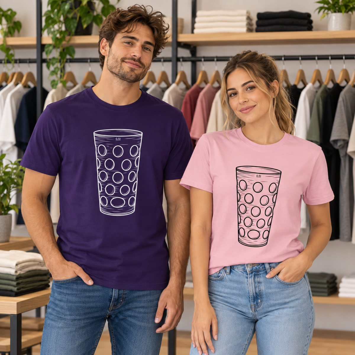 Mann und Frau tragen Dubbeglas Shirts in Lila und Rosa mit Pfälzer Dubbeglas Motiv.