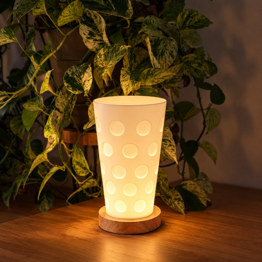 Leuchtende Dubbeglas USB-Lampe mit warmweißem Licht auf einem Tisch vor einer grünen Pflanze.
