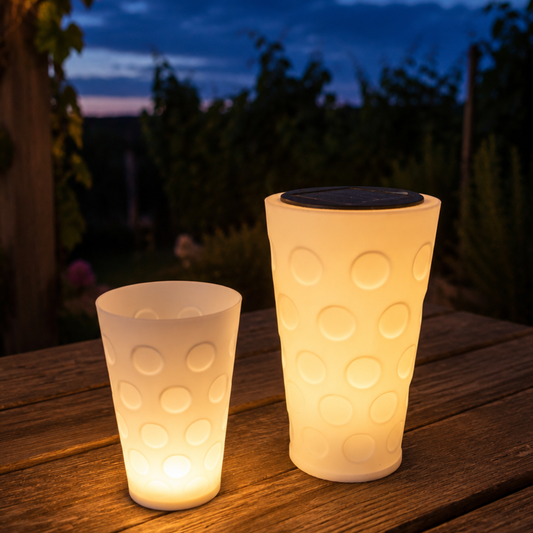 Dubbeglas Windlicht und Dubbeglas Solarlampe auf einem Holztisch im Pfälzer Garten während der Blue Hour