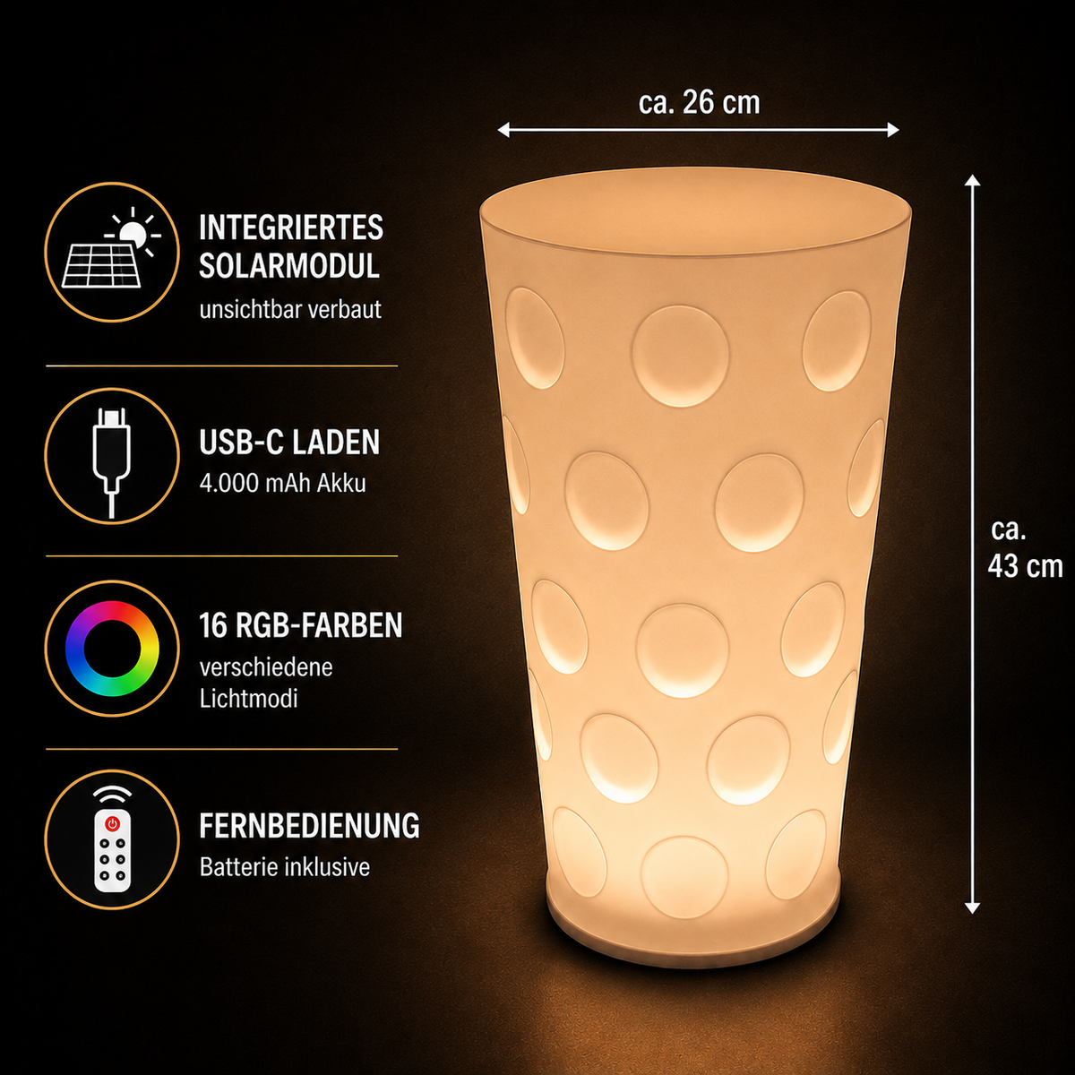 Dubbeglas XXL RGB Lampe 43 cm hoch mit Solar, USB-C und Fernbedienung