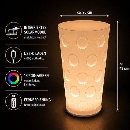 Dubbeglas XXL RGB Lampe 43 cm hoch mit Solar, USB-C und Fernbedienung