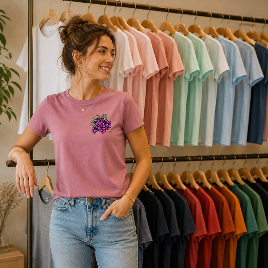 Frau trägt das GrapeShirt mit hochwertigem Traubenmotiv auf der Vorderseite. Modern geschnittenes Damen-Shirt für Weinliebhaber und Fans kreativer Pfalz-Designs.
