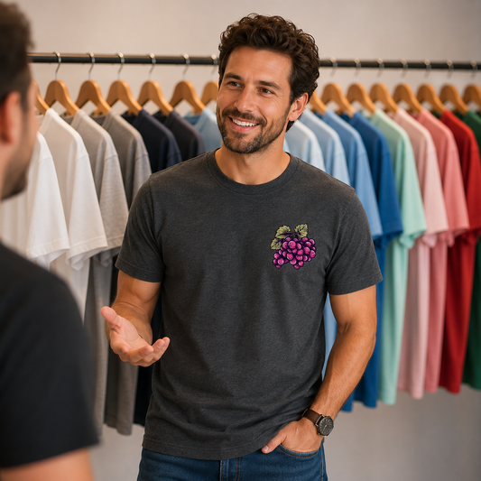 Mann trägt das GrapeShirt mit hochwertigem Traubenmotiv auf der Vorderseite. Bequemes Herren-Shirt für Weinliebhaber und Fans kreativer Pfalz-Designs.