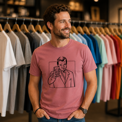 Mann trägt das T-Shirt „Great Gatsby, Dubbeglas“ mit hochwertigem Motiv auf der Vorderseite. Bequemes Herren-Shirt für Schorleliebhaber und Fans stilvoller Pfalz-Designs.