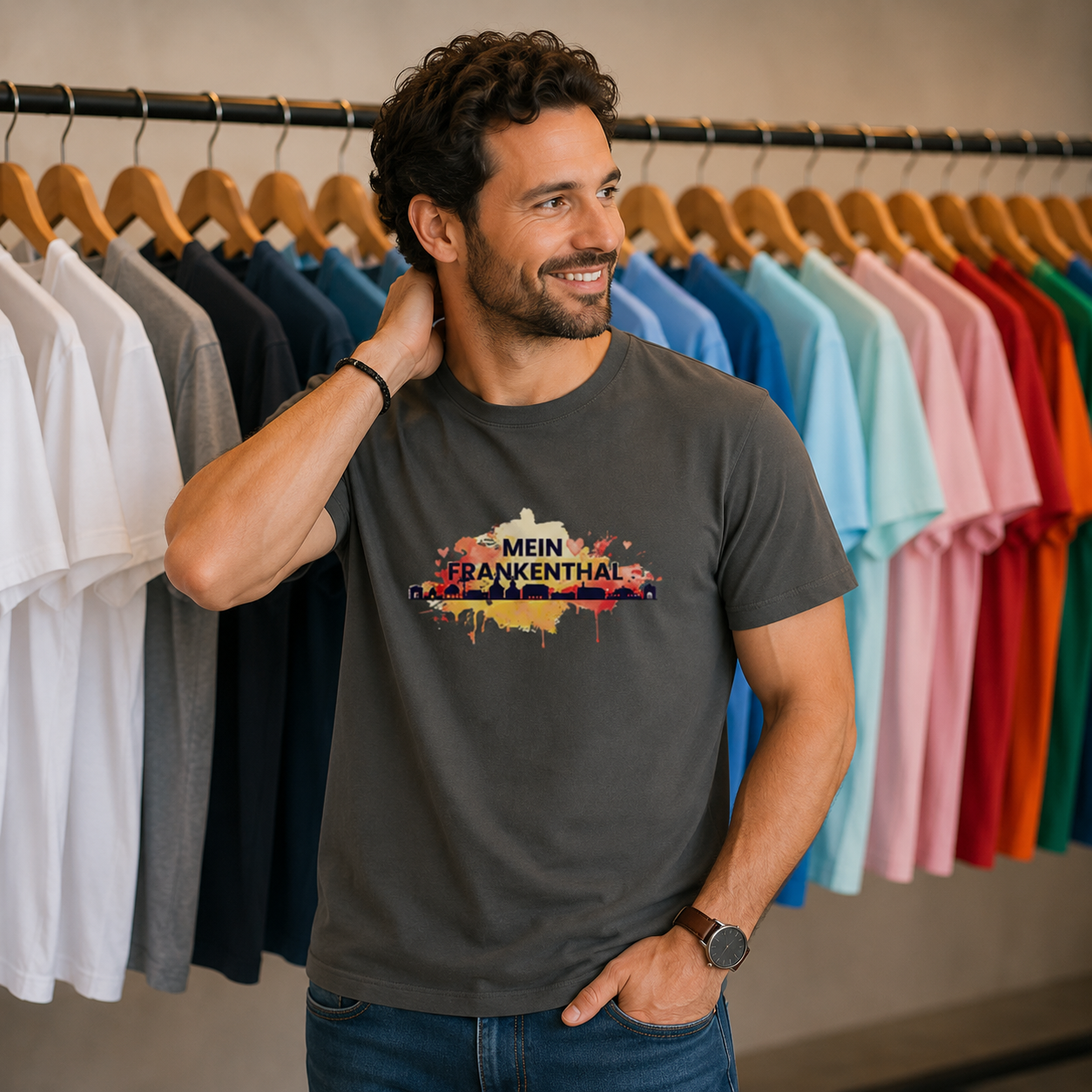 Mann trägt das T-Shirt „Mein Frankenthal“ mit hochwertigem Motiv auf der Vorderseite. Bequemes Herren-Shirt für Frankenthal-Fans und alle, die ihre Pfälzer Heimat zeigen möchten.