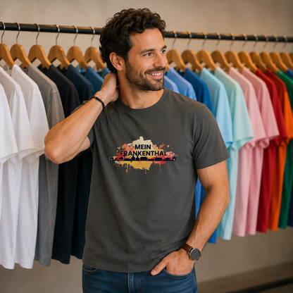 Mann trägt das T-Shirt „Mein Frankenthal“ mit hochwertigem Motiv auf der Vorderseite. Bequemes Herren-Shirt für Frankenthal-Fans und alle, die ihre Pfälzer Heimat zeigen möchten.