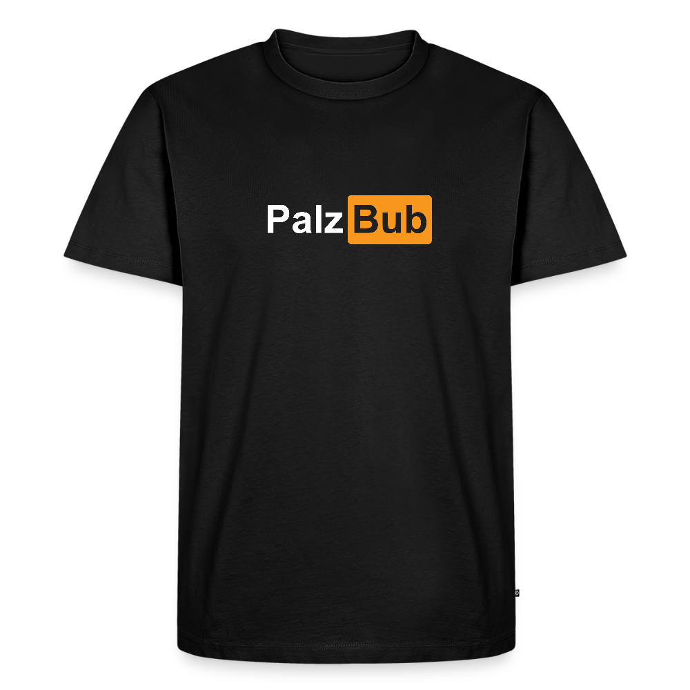 Mann trägt schwarzes PalzBub T-Shirt mit auffälligem Pfalz Print auf der Brust