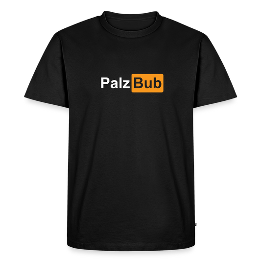 Mann trägt schwarzes PalzBub T-Shirt mit auffälligem Pfalz Print auf der Brust