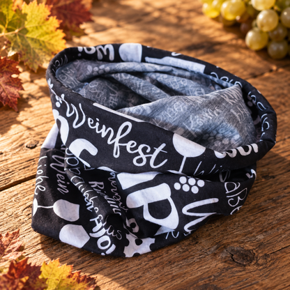 Schwarzes Pfälzer Multifunktionstuch mit weißen Pfalz-, Wein- und Dubbeglas-Motiven
