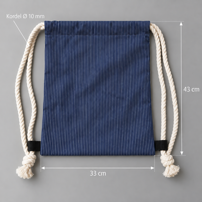 Maße des Pfälzer Rucksacks: 43 cm Höhe, 33 cm Breite und 10 mm Kordeldurchmesser.