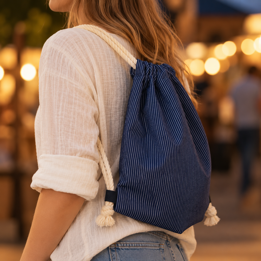 Seitliche Ansicht des Pfälzer Rucksacks aus blauem Winzerstoff, getragen von einer Frau mit hellem Oberteil.
