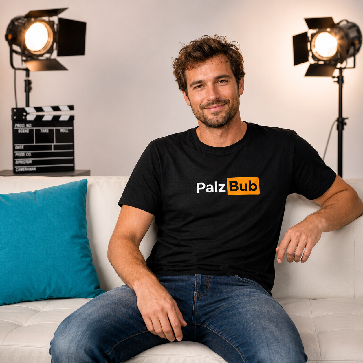 Mann trägt das T-Shirt „Pfalz Bub“ mit hochwertigem Motiv auf der Vorderseite. Bequemes Herren-Shirt für echte Pfälzer und Fans regionaler Designs.