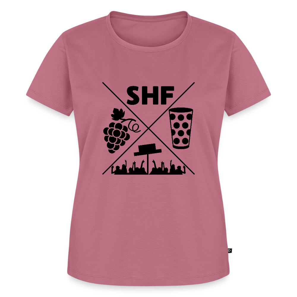 Damen Shirt mit Dubbeglas, Trauben und Frankenthaler Strohhutfest Motiv
