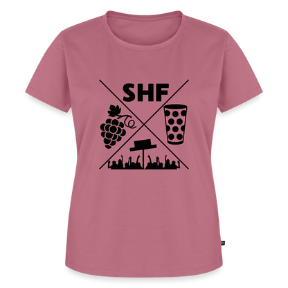 Damen Shirt mit Dubbeglas, Trauben und Frankenthaler Strohhutfest Motiv