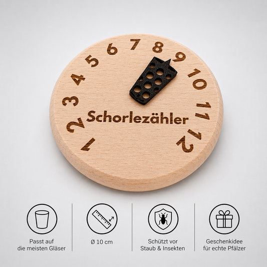 Schorlezähler Holzdeckel für Dubbegläser mit Pfälzer Design