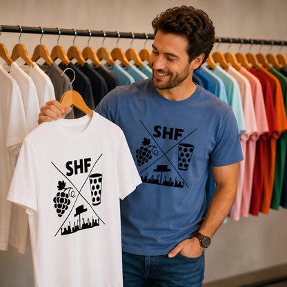 Mann trägt das Strohhutfest T-Shirt mit detailreichem Motiv auf der Vorderseite. Bequemes Herren-Shirt für Fans des Frankenthaler Strohhutfests und der Pfälzer Lebensfreude.